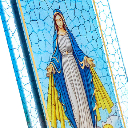 Quadro Madonna Miracolosa in vetro – Immagine sacra da tavolo o da appendere con basetta – 13 × 18 cm