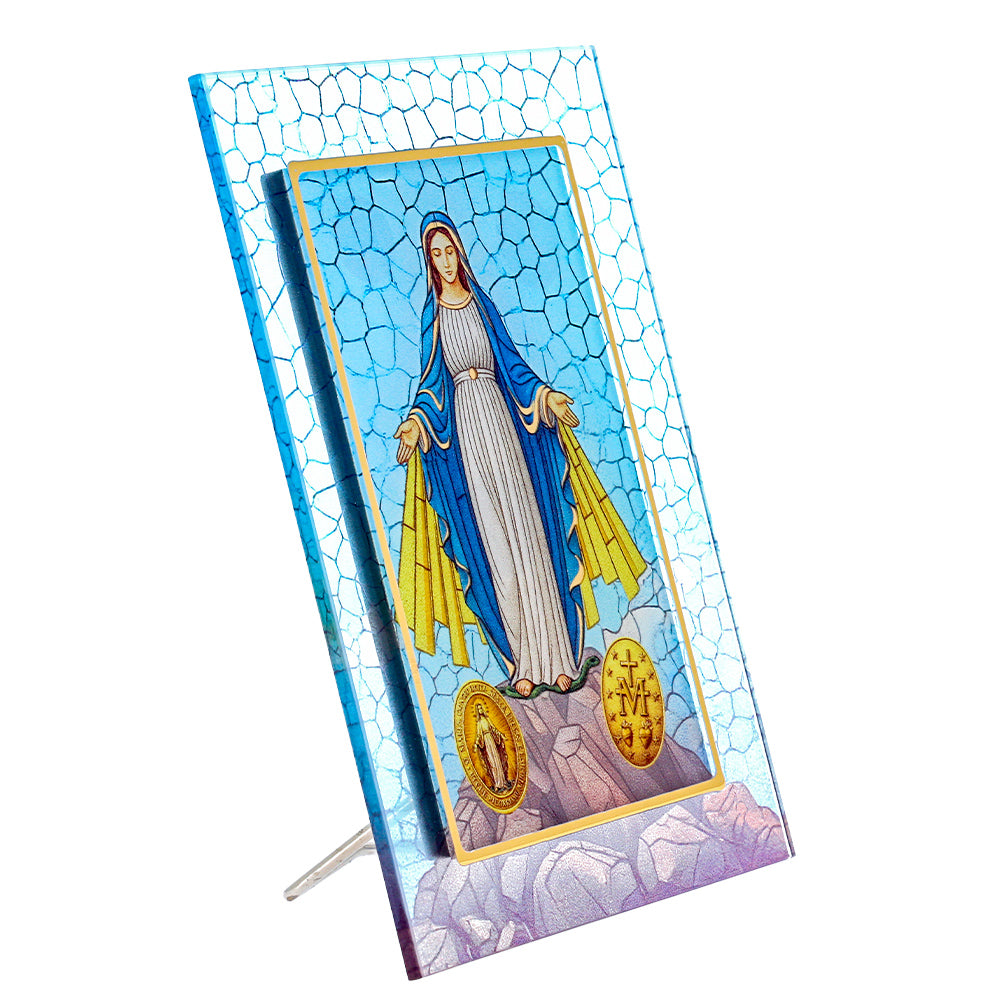 Quadro Madonna Miracolosa in vetro – Immagine sacra da tavolo o da appendere con basetta – 13 × 18 cm