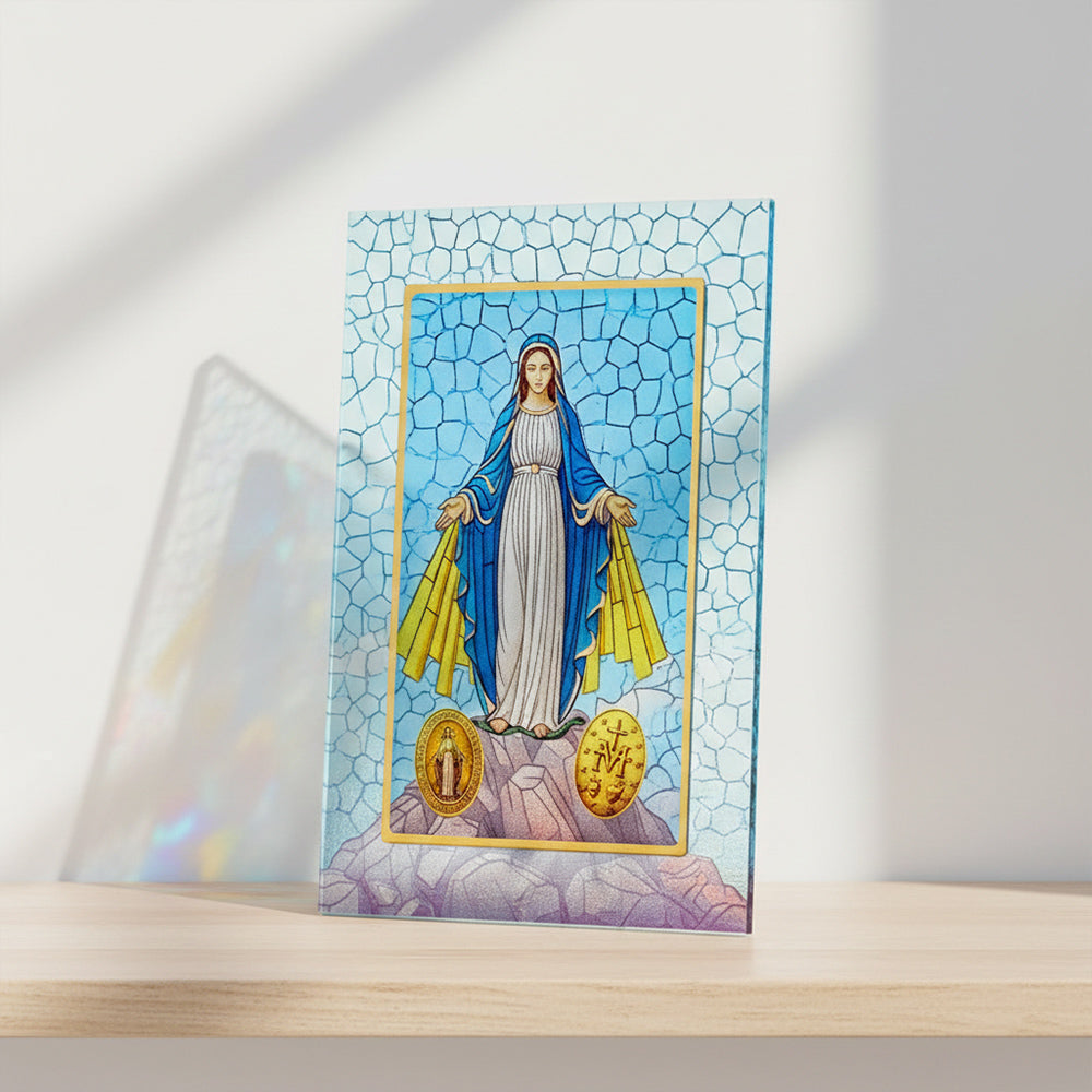 Quadro Madonna Miracolosa in vetro – Immagine sacra da tavolo o da appendere con basetta – 13 × 18 cm