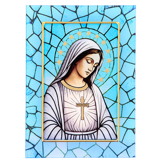 Quadro Madonna di Medjugorje in vetro – Immagine sacra da tavolo o da appendere con basetta – 13 × 18 cm