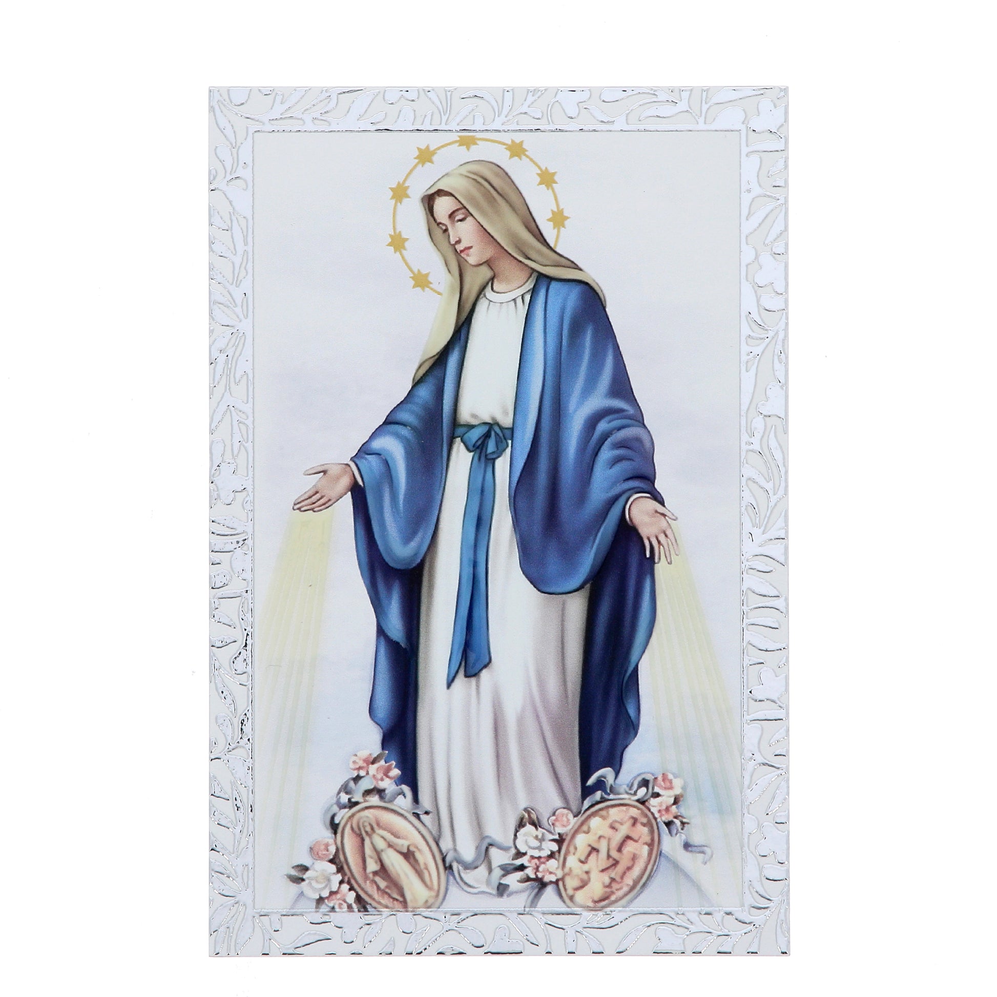 Quadro Madonna Miracolosa in legno e cornice in foglia argento. Dimensioni 9x13,5 cm