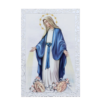 Quadro Madonna Miracolosa in legno e cornice in foglia argento. Dimensioni 9x13,5 cm