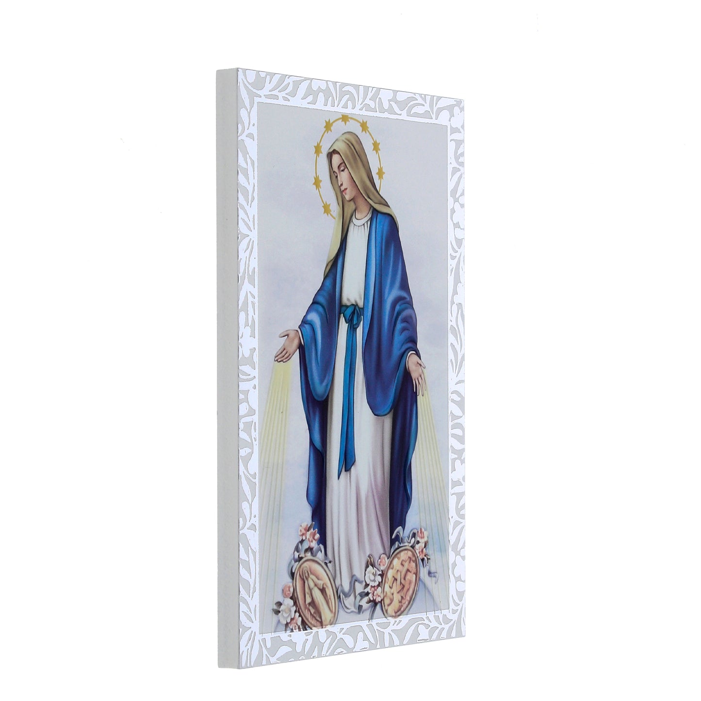 Quadro Madonna Miracolosa in legno e cornice in foglia argento. Dimensioni 9x13,5 cm