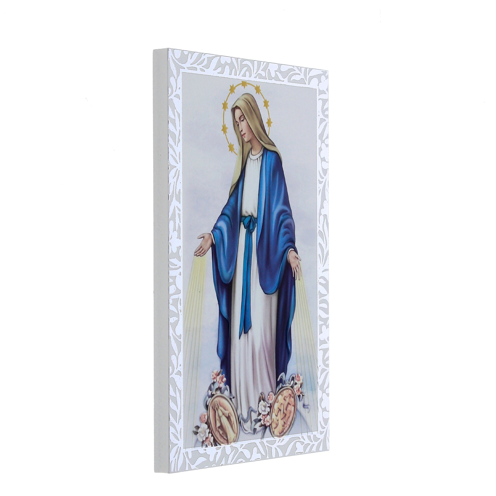 Quadro Madonna Miracolosa in legno e cornice in foglia argento. Dimensioni 9x13,5 cm