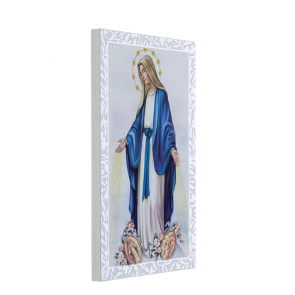 Quadro Madonna Miracolosa in legno e cornice in foglia argento. Dimensioni 9x13,5 cm