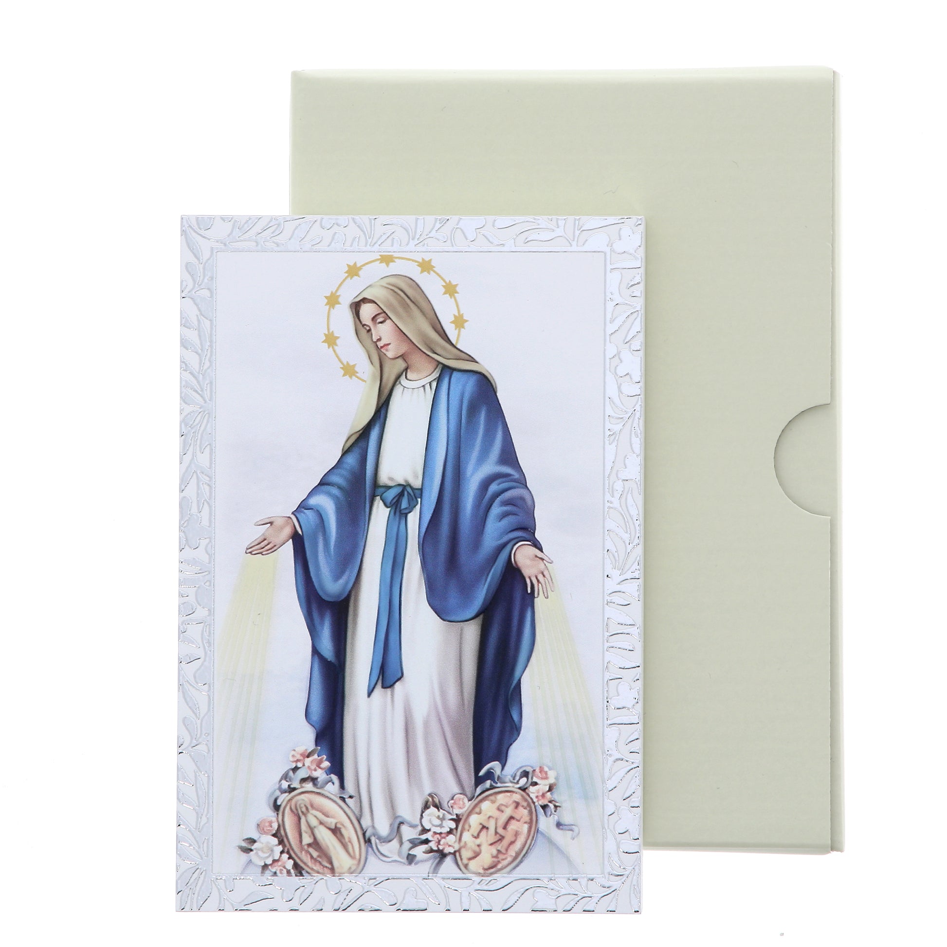 Quadro Madonna Miracolosa in legno e cornice in foglia argento. Dimensioni 9x13,5 cm