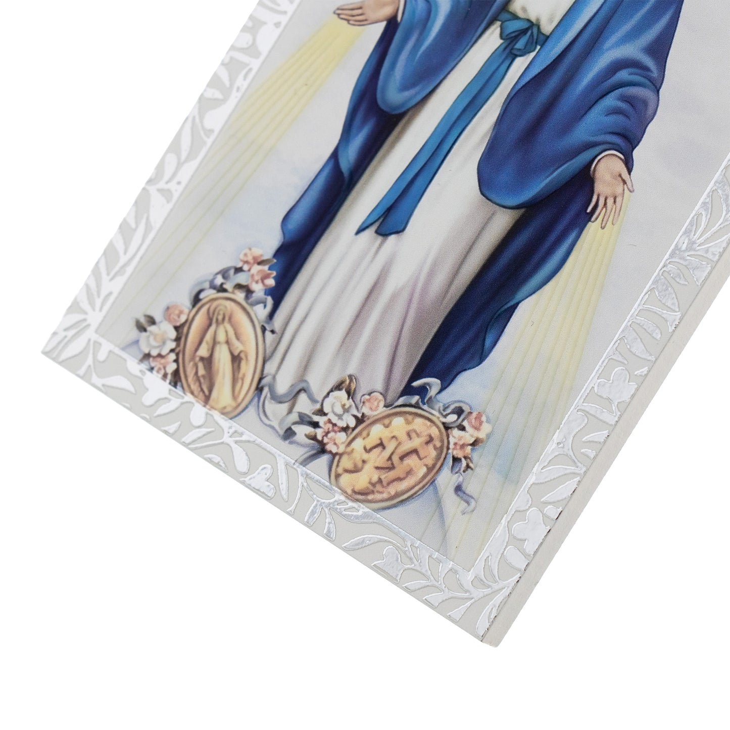 Quadro Madonna Miracolosa in legno e cornice in foglia argento. Dimensioni 9x13,5 cm