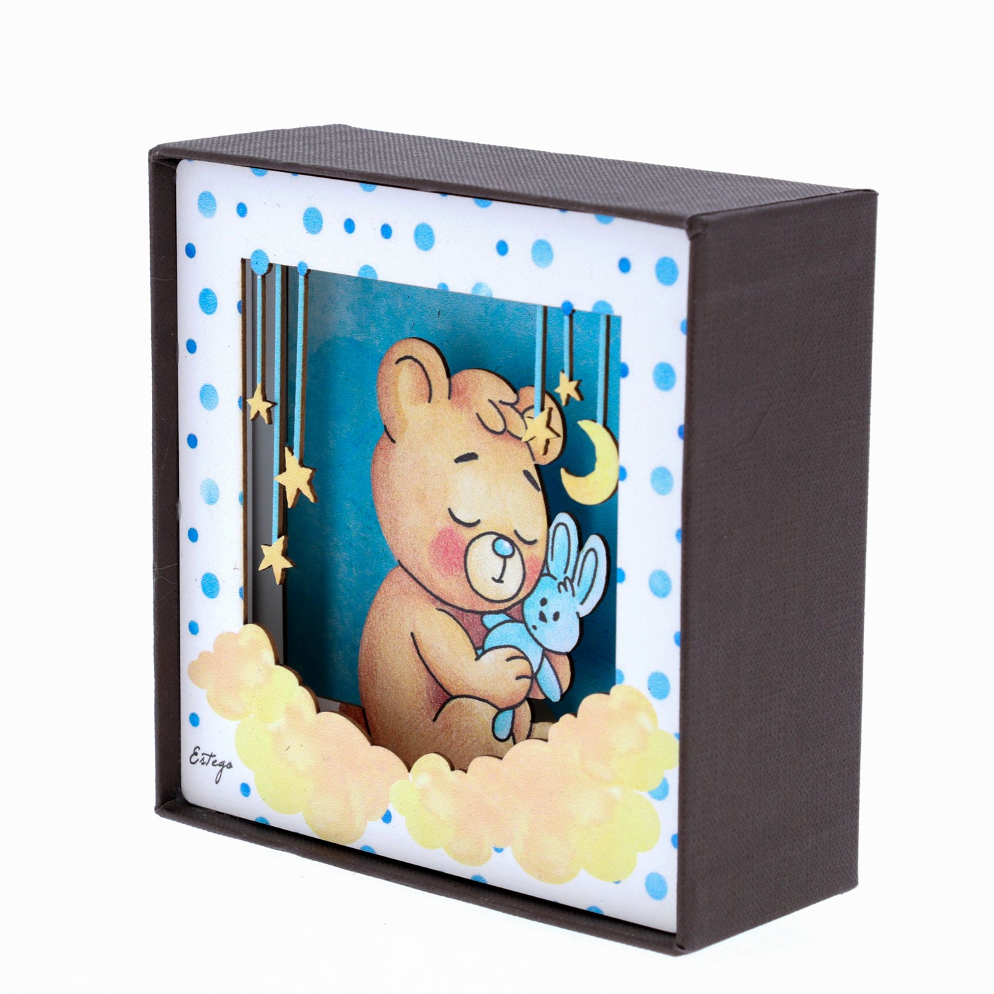 Quadro 3d in scatola, da appoggio, soggetto Orsacchiotto. Dimensioni 11,5x11,5 cm