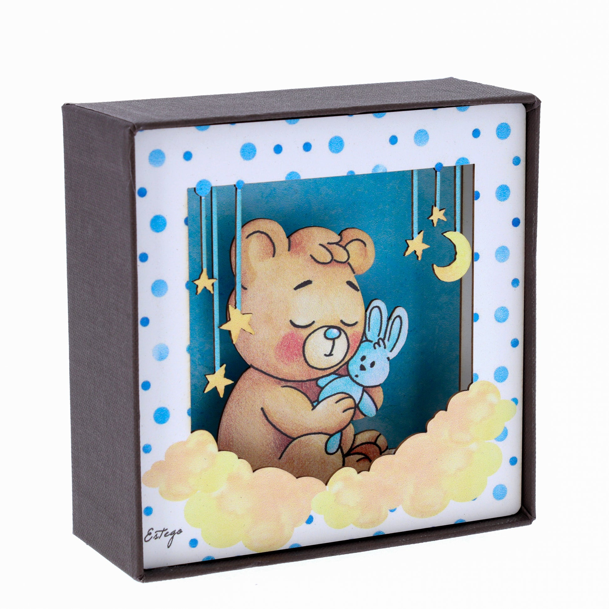 Quadro 3d in scatola, da appoggio, soggetto Orsacchiotto. Dimensioni 11,5x11,5 cm