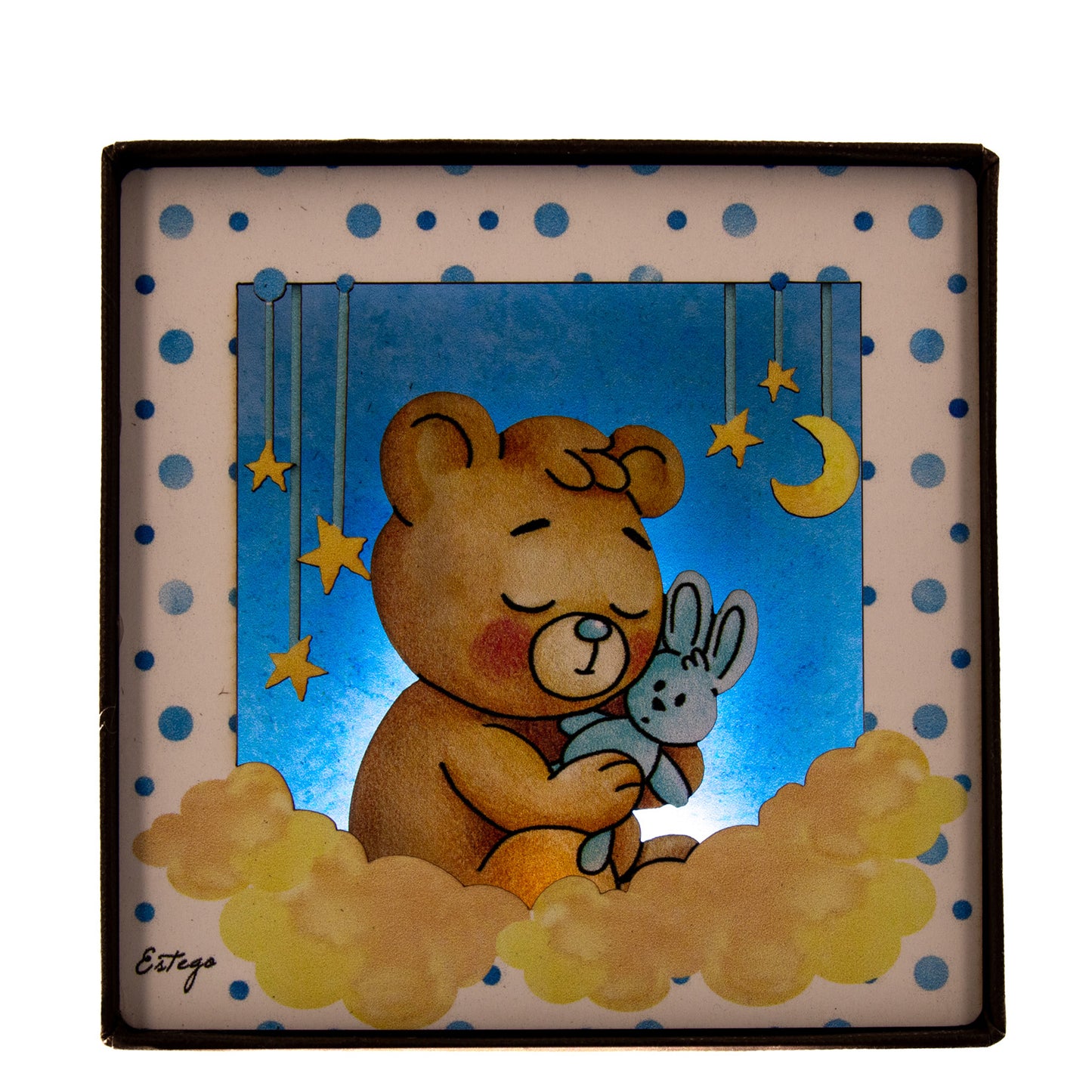 Quadro 3d in scatola, da appoggio, soggetto Orsacchiotto. Dimensioni 11,5x11,5 cm