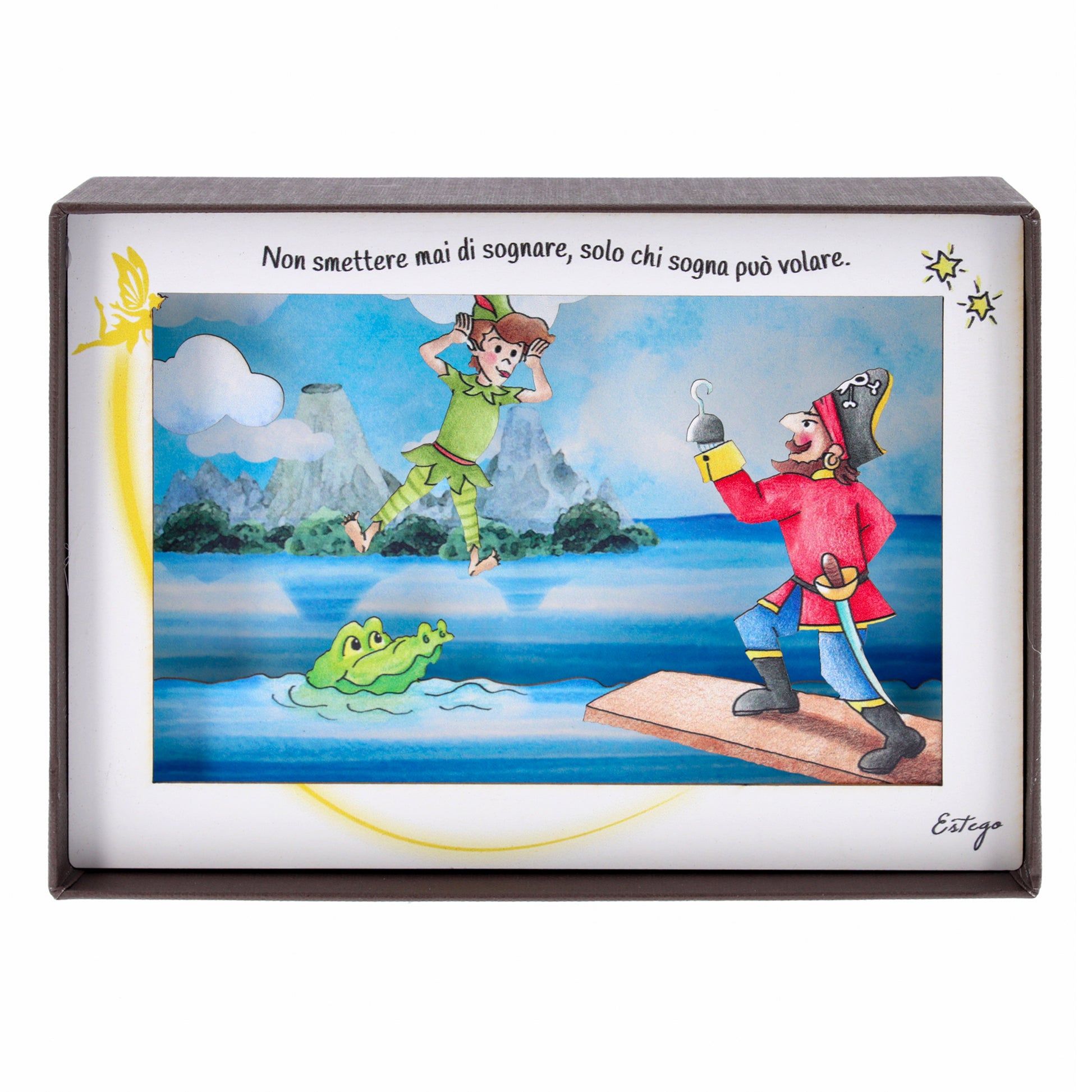 Quadro 3d in scatola, da appoggio, soggetto Peter Pan. Dimensioni 17x12 cm
