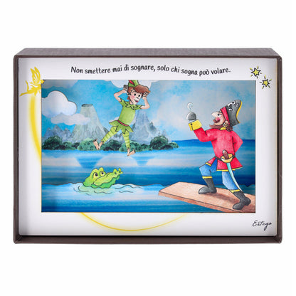Quadro 3d in scatola, da appoggio, soggetto Peter Pan. Dimensioni 17x12 cm
