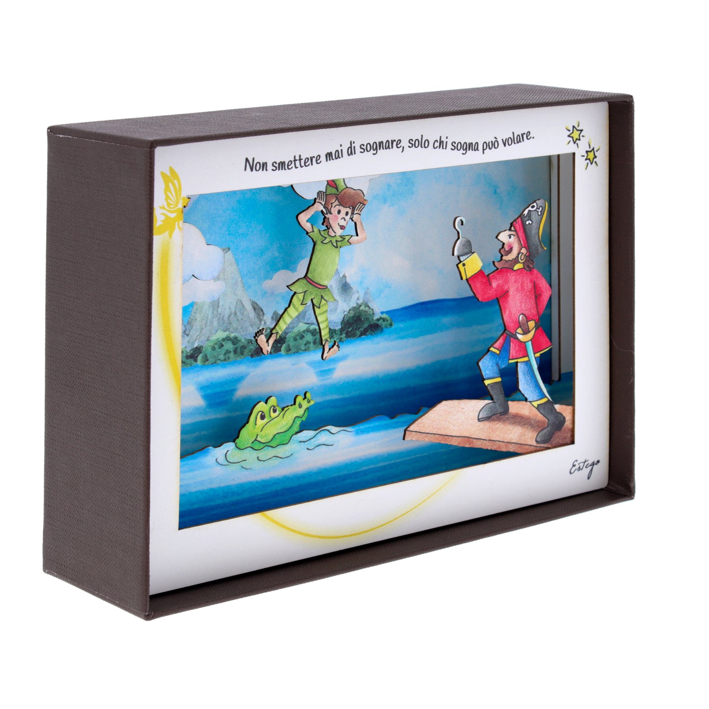 Quadro 3d in scatola, da appoggio, soggetto Peter Pan. Dimensioni 17x12 cm
