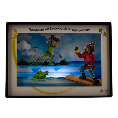 Quadro 3d in scatola, da appoggio, soggetto Peter Pan. Dimensioni 17x12 cm
