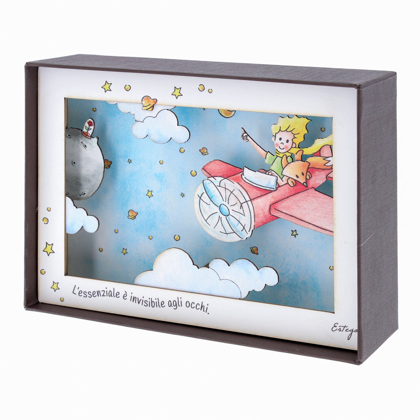 Quadro 3d in scatola, da appoggio, soggetto Piccolo Principe. Dimensioni 17x12 cm