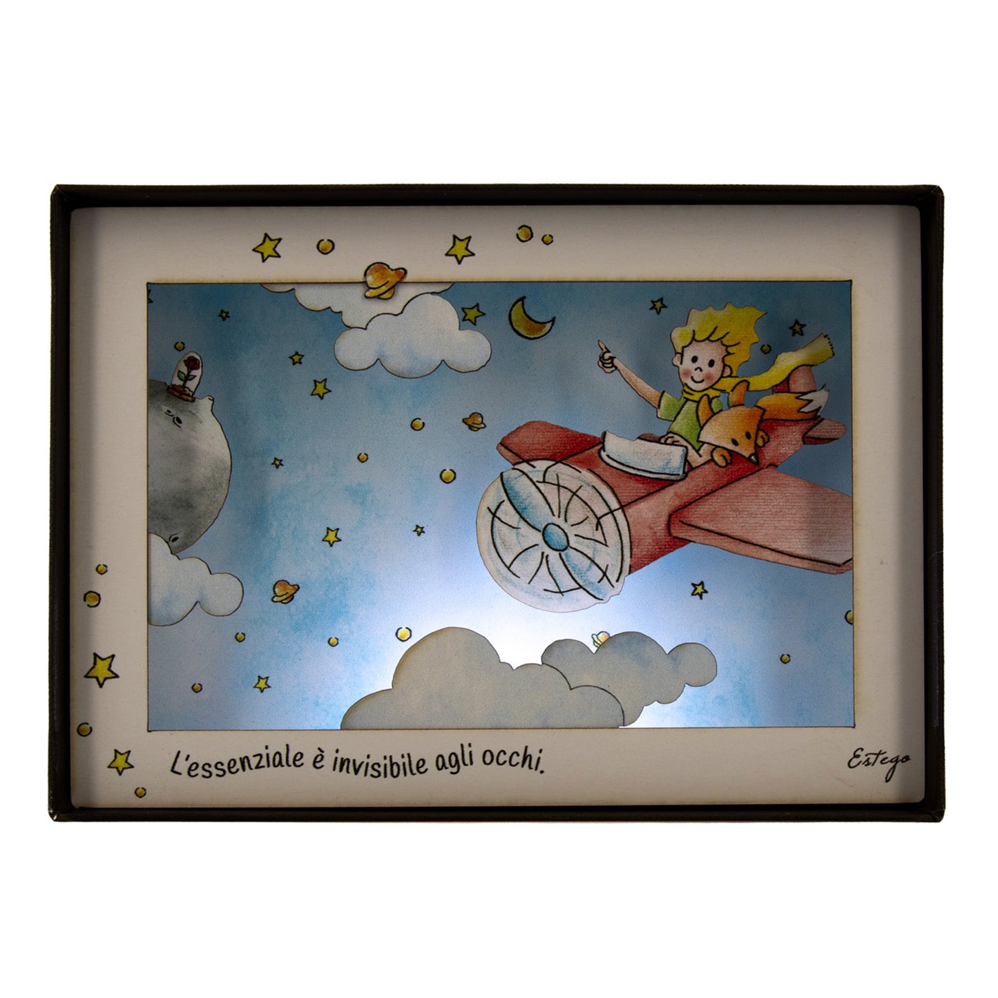 Quadro 3d in scatola, da appoggio, soggetto Piccolo Principe. Dimensioni 17x12 cm