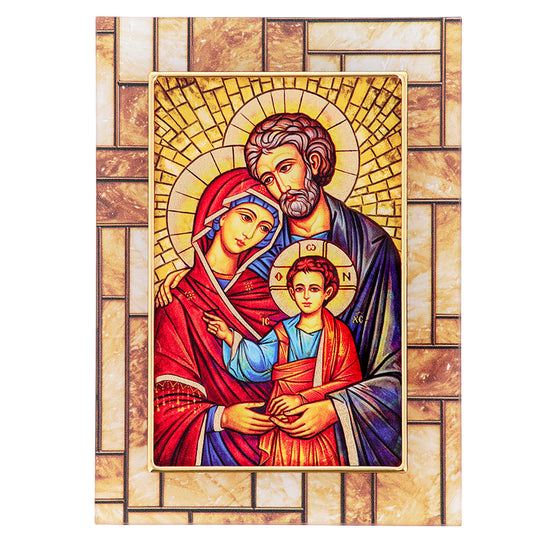 Quadro icona Sacra Famiglia in vetro – Immagine sacra da tavolo o da appendere con basetta – 13 × 18 cm