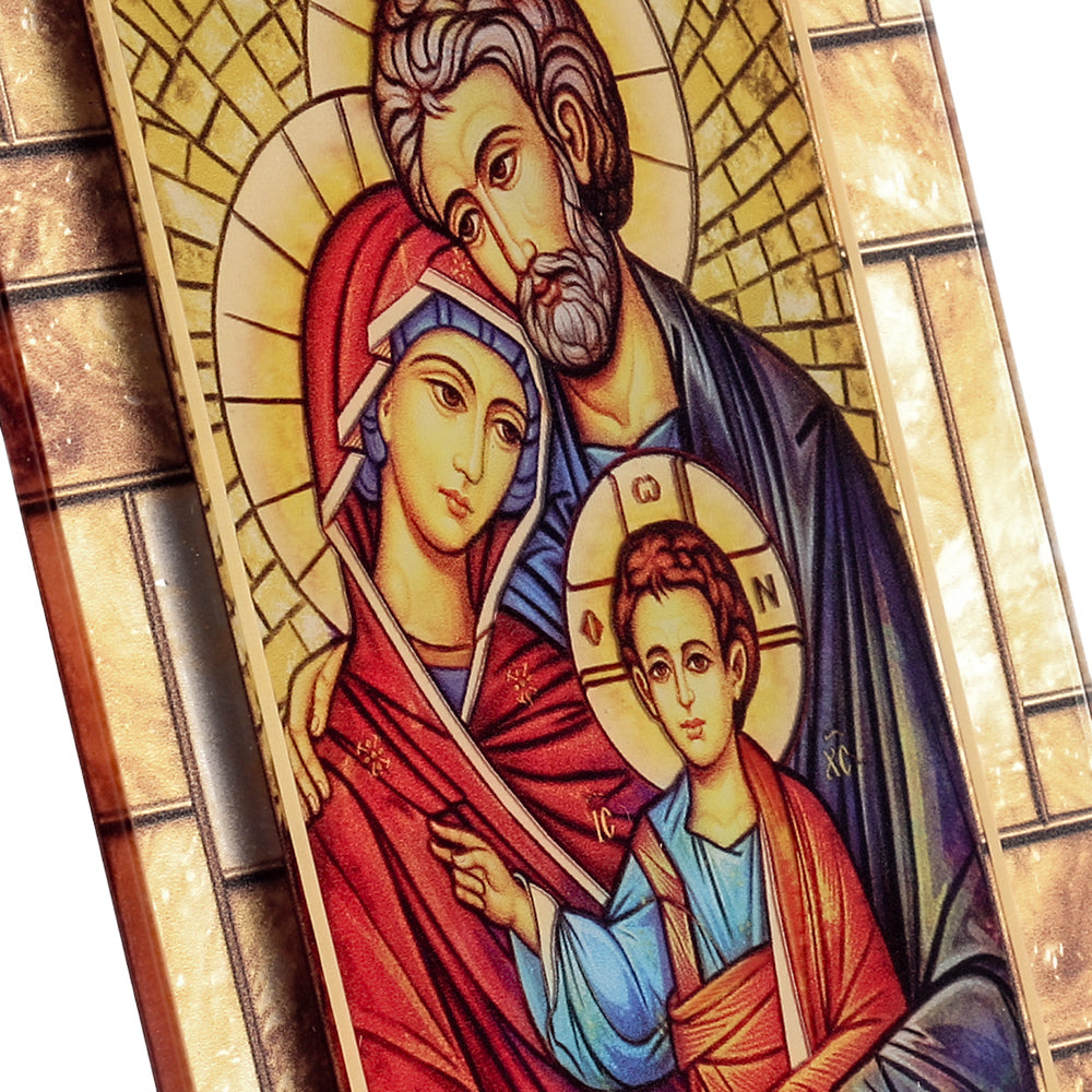 Quadro icona Sacra Famiglia in vetro – Immagine sacra da tavolo o da appendere con basetta – 13 × 18 cm