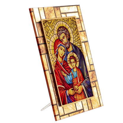 Quadro icona Sacra Famiglia in vetro – Immagine sacra da tavolo o da appendere con basetta – 13 × 18 cm