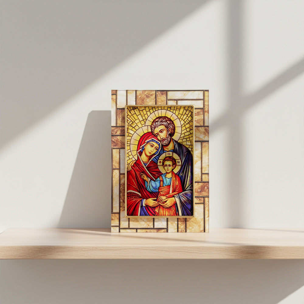 Quadro icona Sacra Famiglia in vetro – Immagine sacra da tavolo o da appendere con basetta – 13 × 18 cm