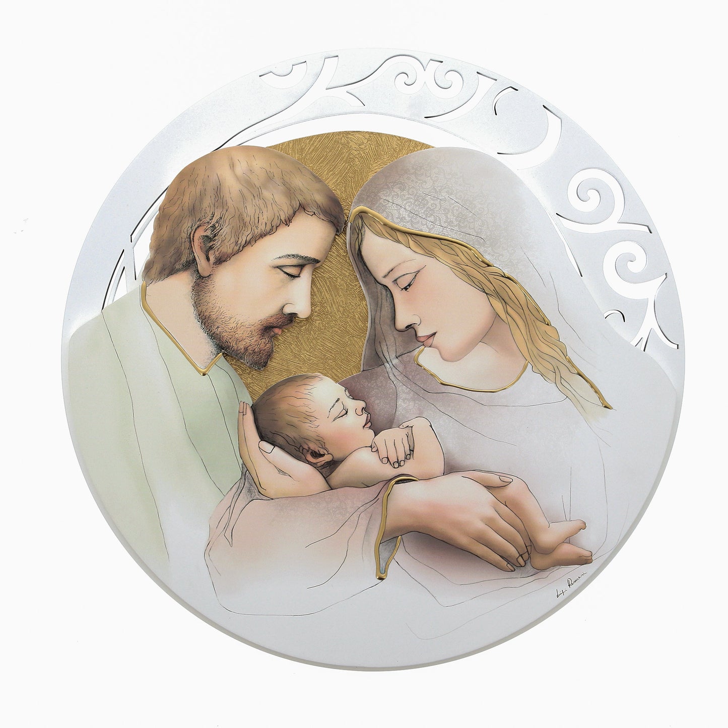 Quadro Sacra Famiglia rotondo traforato con decorazioni in rilievo. Diametro 60 cm.