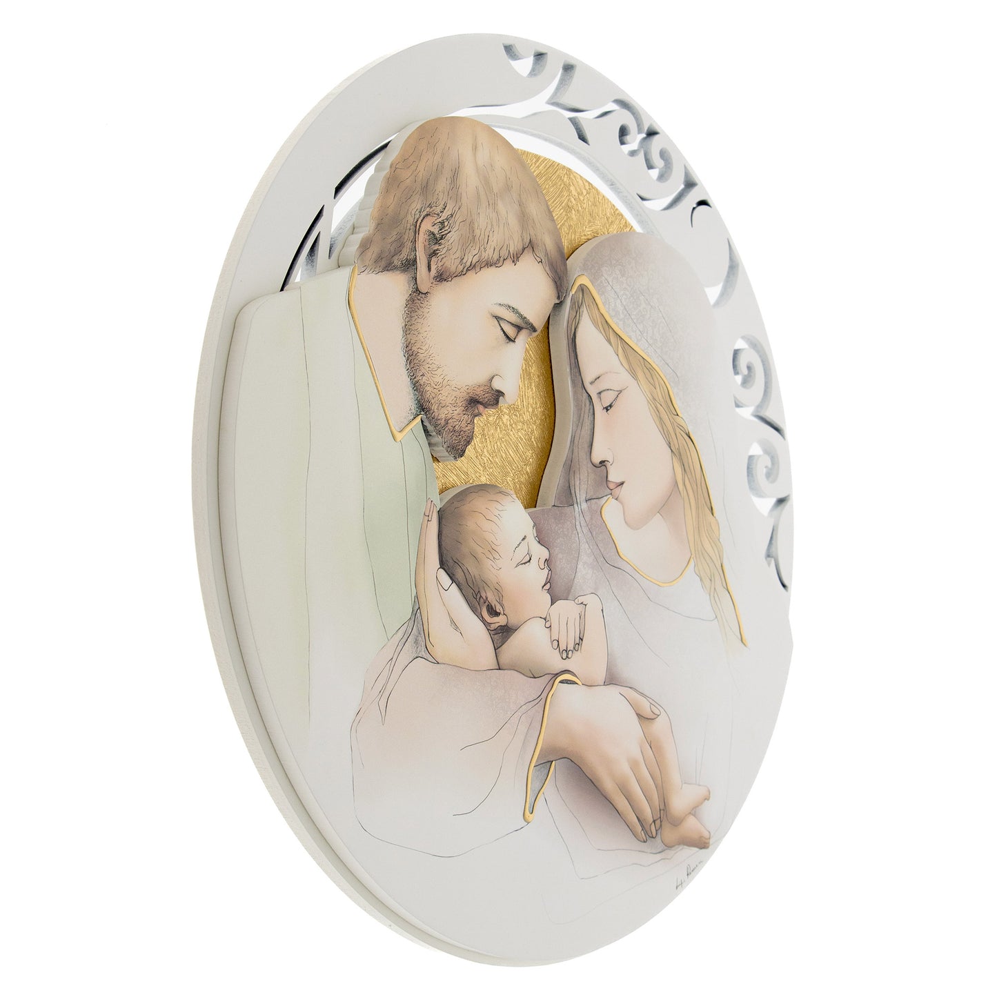 Quadro Sacra Famiglia rotondo traforato con decorazioni in rilievo. Diametro 60 cm.
