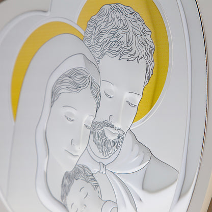 Quadro in argento Sacra Famiglia con decorazioni dorate, retro doppio legno. Dimensioni 46x37 cm