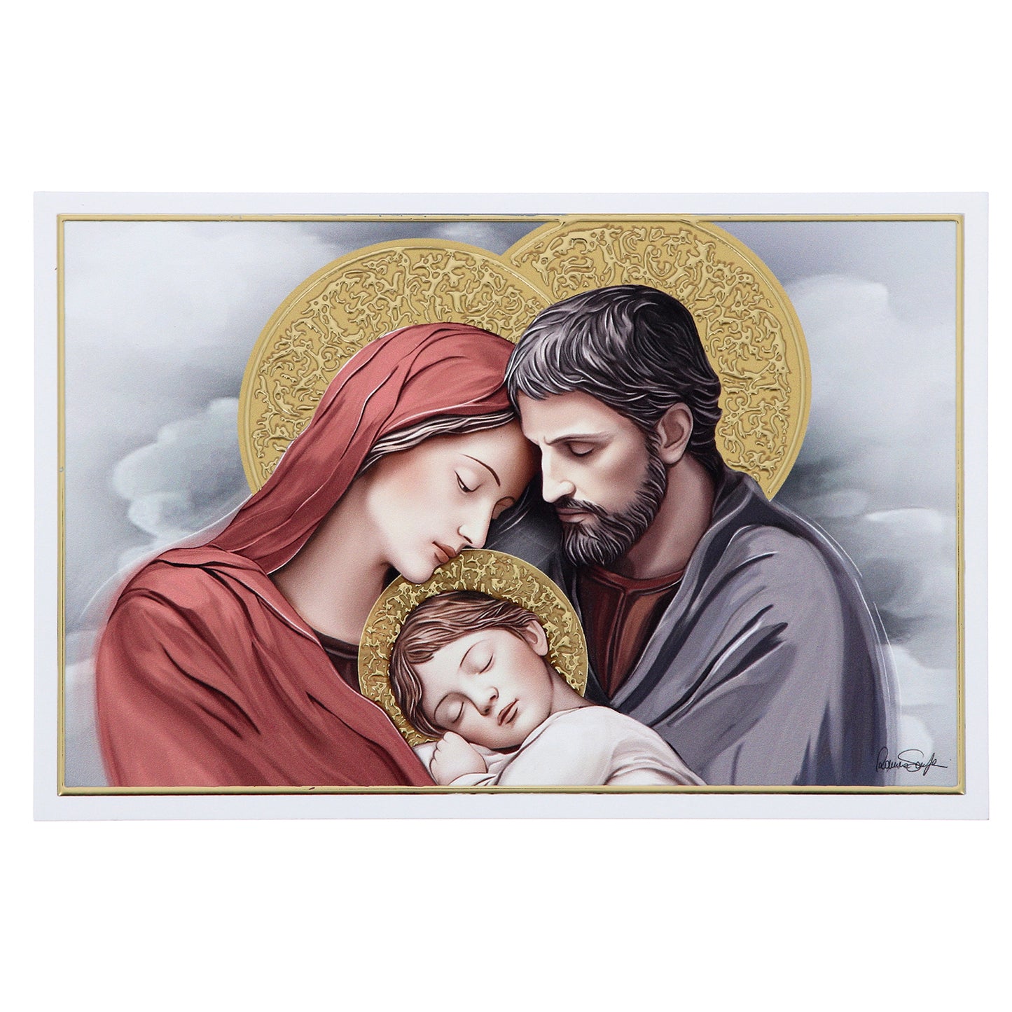 Quadro Sacra Famiglia in legno e dettagli in foglia oro. Dimensioni 11,5x17,5 cm