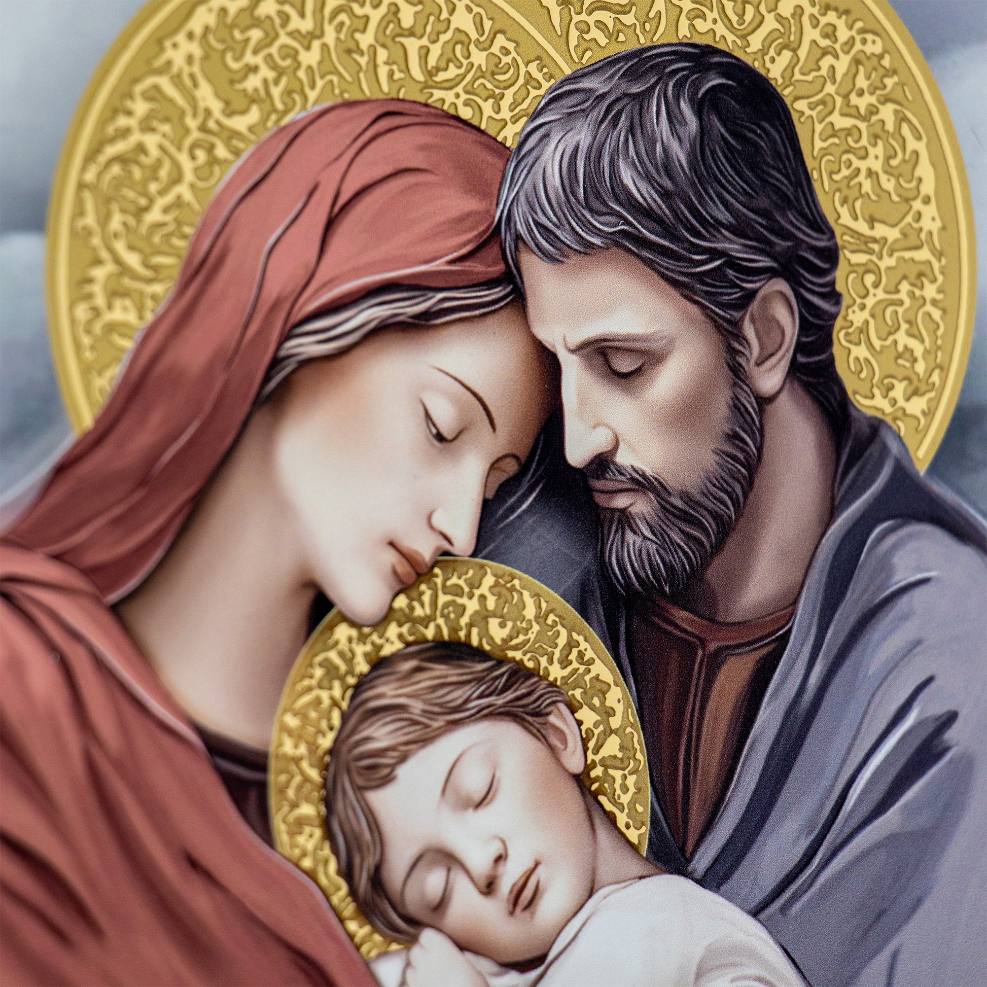 Quadro Sacra Famiglia in legno e dettagli in foglia oro. Dimensioni 11,5x17,5 cm