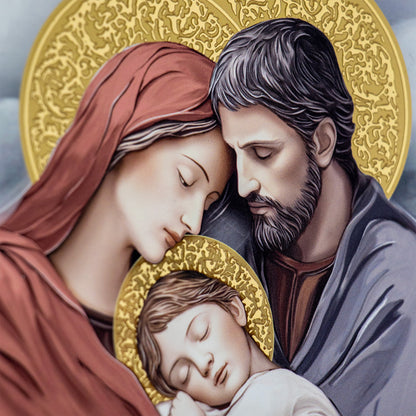 Quadro Sacra Famiglia in legno e dettagli in foglia oro. Dimensioni 11,5x17,5 cm