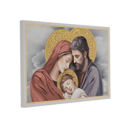 Quadro Sacra Famiglia in legno e dettagli in foglia oro. Dimensioni 11,5x17,5 cm
