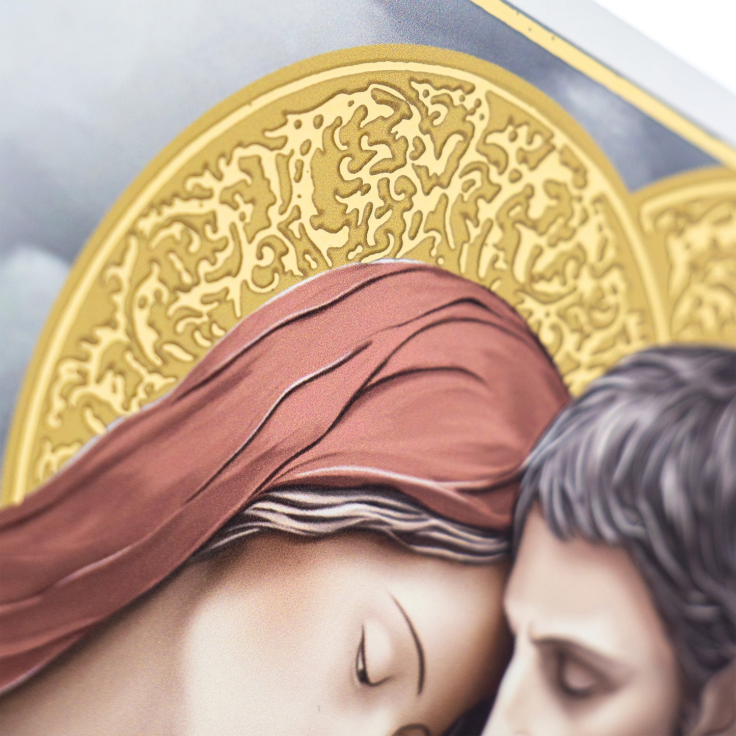 Quadro Sacra Famiglia in legno e dettagli in foglia oro. Dimensioni 11,5x17,5 cm