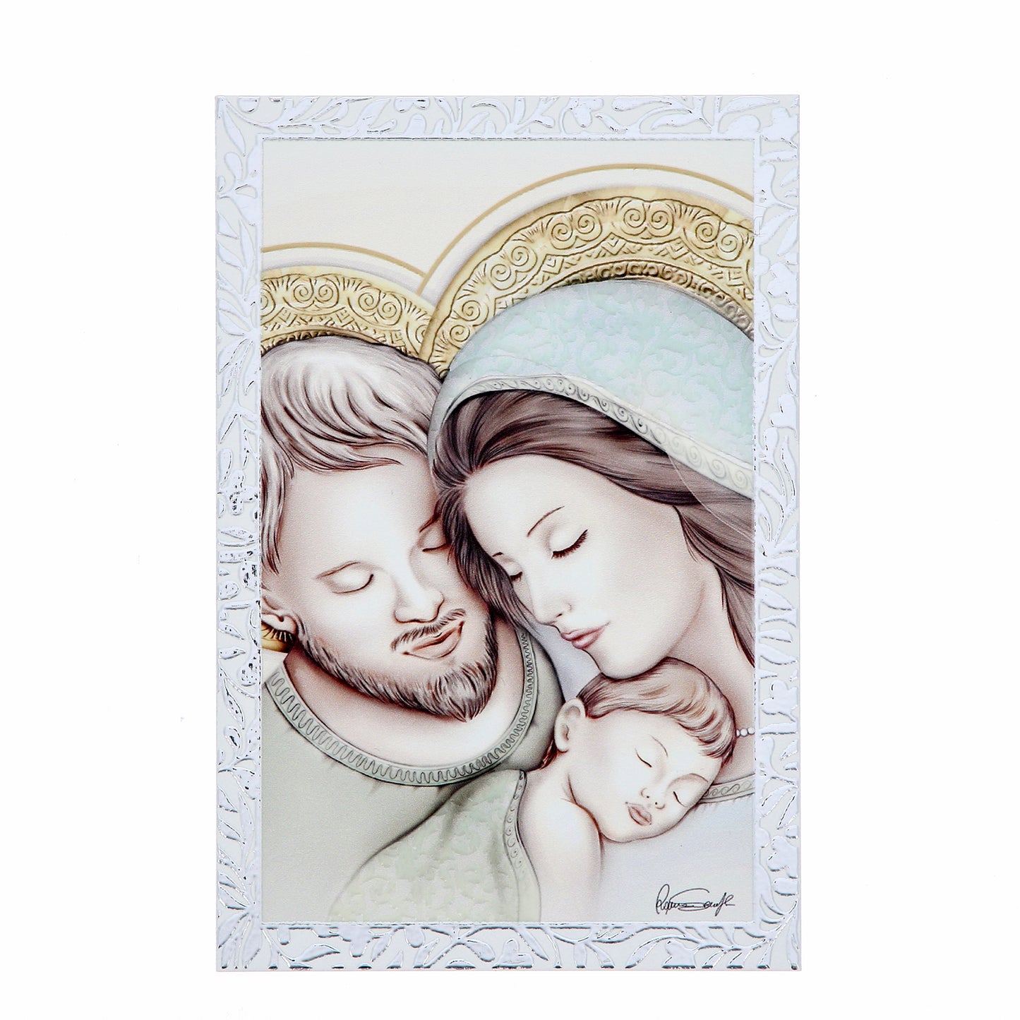 Quadro Sacra Famiglia in legno con cornice in foglia argento. Dimensioni 9x13,5 cm