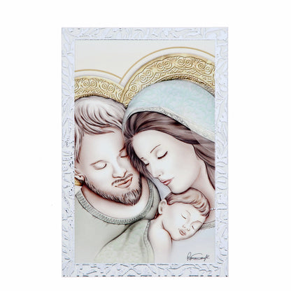 Quadro Sacra Famiglia in legno con cornice in foglia argento. Dimensioni 9x13,5 cm