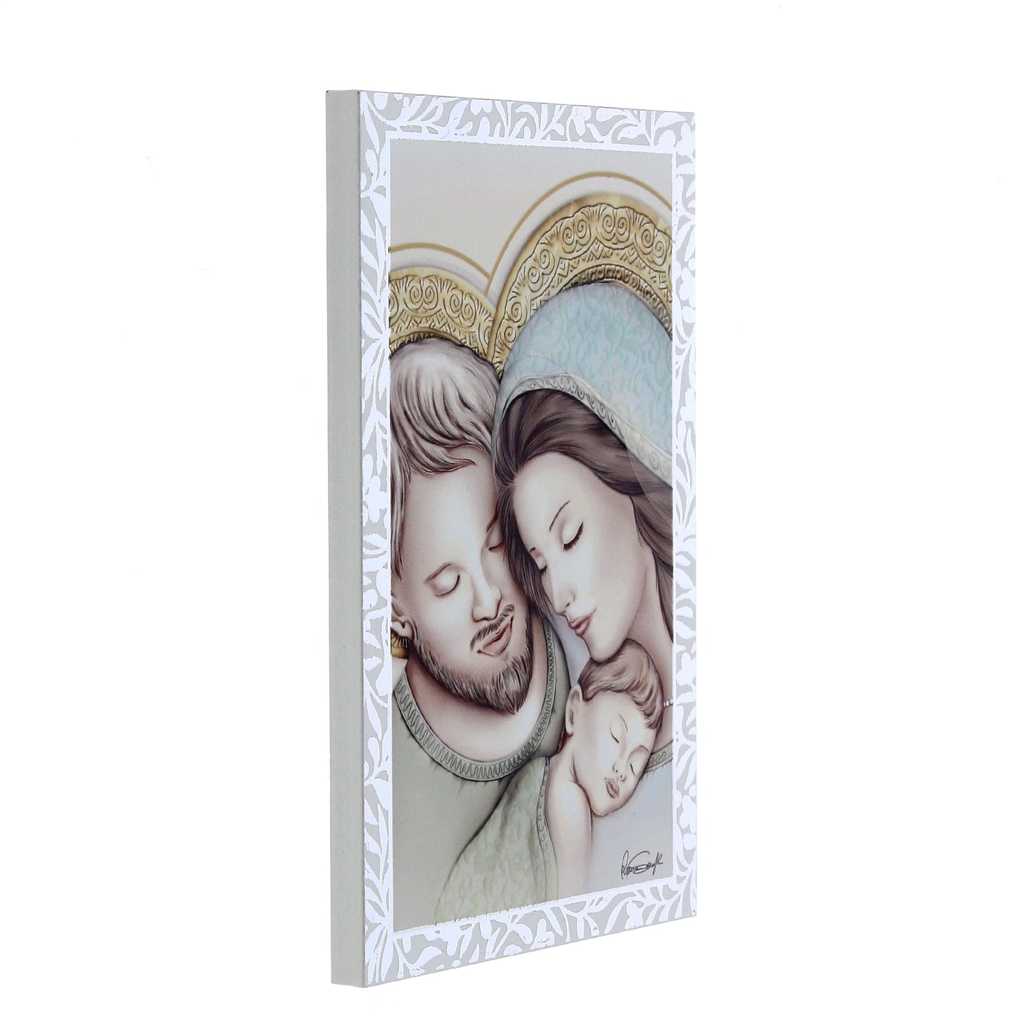 Quadro Sacra Famiglia in legno con cornice in foglia argento. Dimensioni 9x13,5 cm