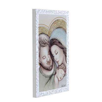 Quadro Sacra Famiglia in legno con cornice in foglia argento. Dimensioni 9x13,5 cm