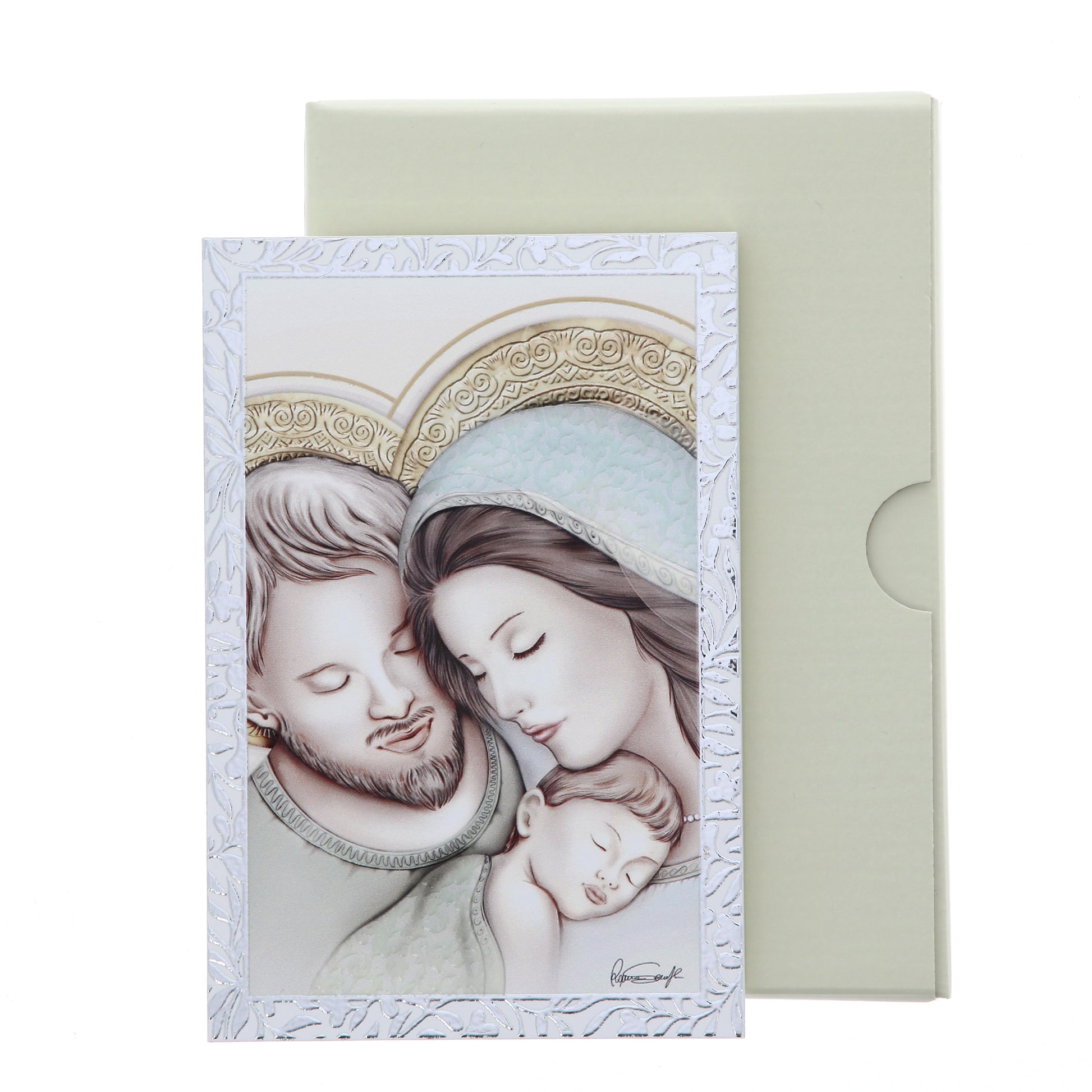 Quadro Sacra Famiglia in legno con cornice in foglia argento. Dimensioni 9x13,5 cm