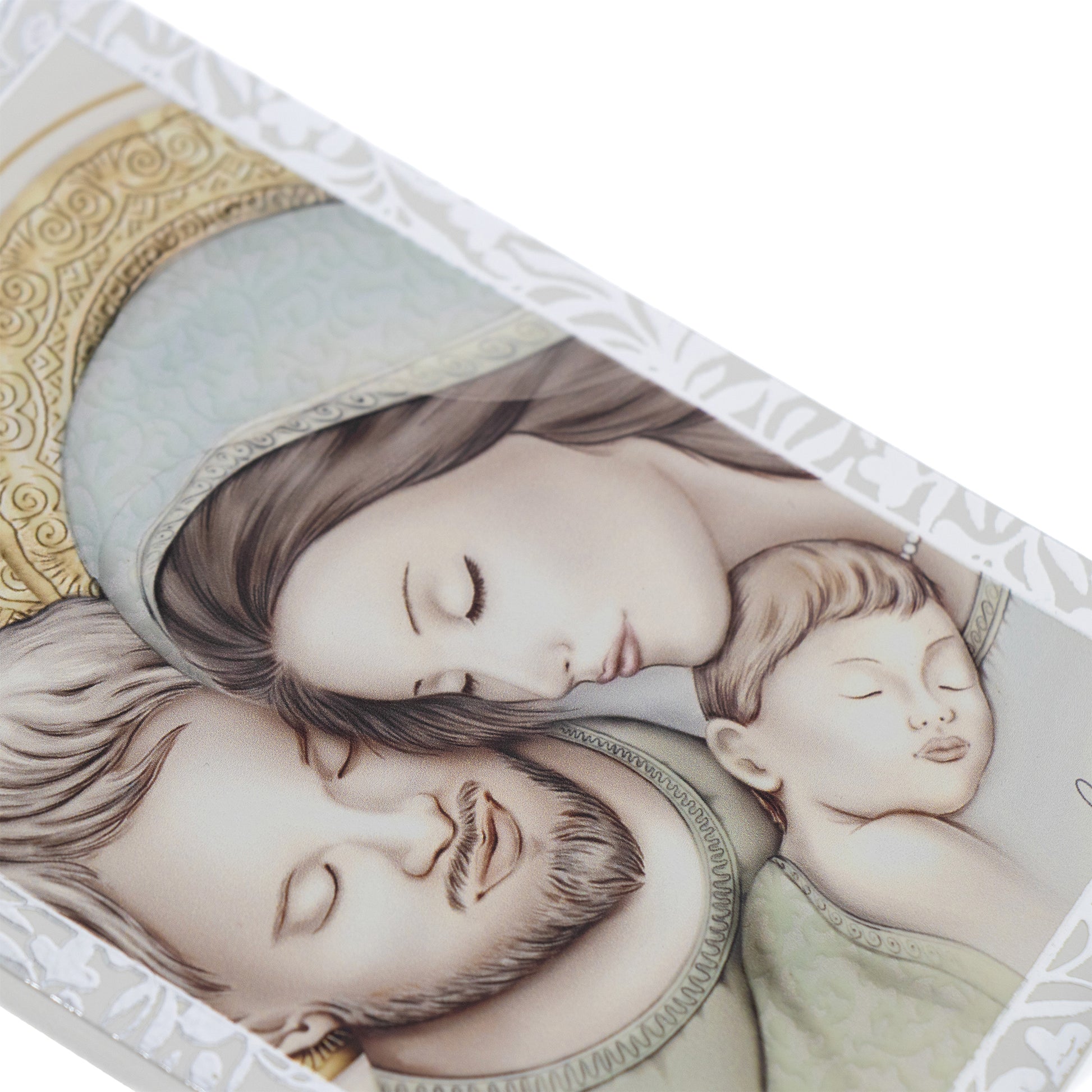 Quadro Sacra Famiglia in legno con cornice in foglia argento. Dimensioni 9x13,5 cm