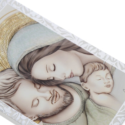 Quadro Sacra Famiglia in legno con cornice in foglia argento. Dimensioni 9x13,5 cm
