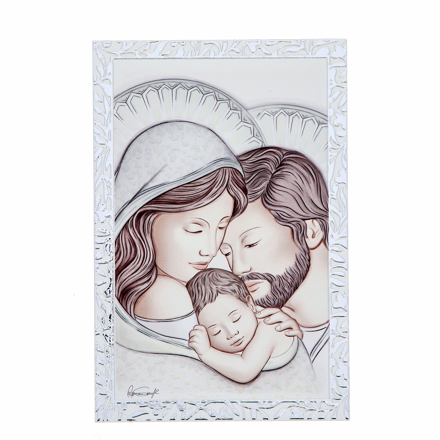 Quadro Sacra Famiglia in legno con cornice in foglia argento. Dimensioni 9x13,5 cm