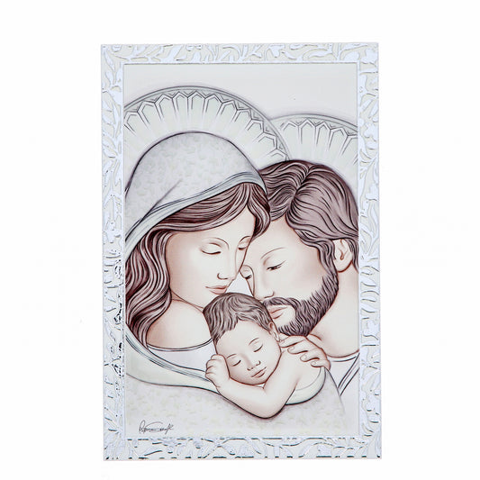 Quadro Sacra Famiglia in legno con cornice in foglia argento. Dimensioni 9x13,5 cm