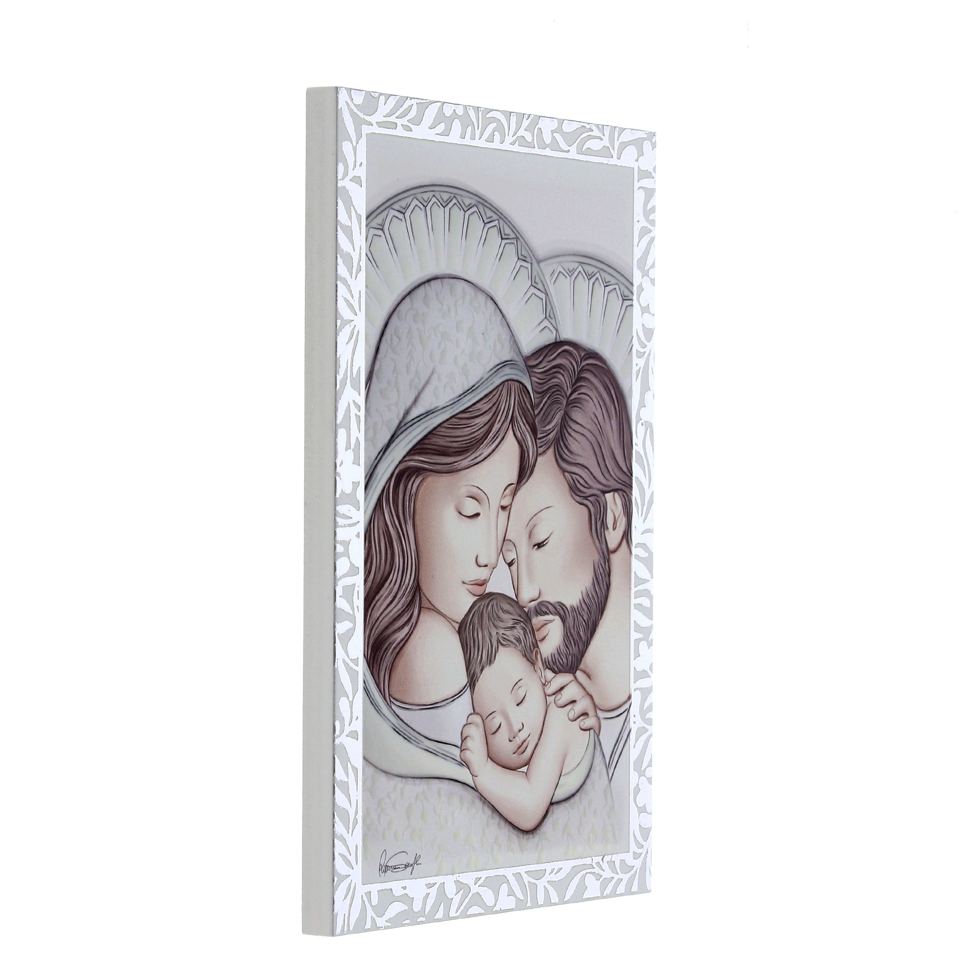 Quadro Sacra Famiglia in legno con cornice in foglia argento. Dimensioni 9x13,5 cm