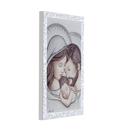 Quadro Sacra Famiglia in legno con cornice in foglia argento. Dimensioni 9x13,5 cm