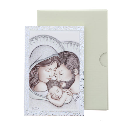 Quadro Sacra Famiglia in legno con cornice in foglia argento. Dimensioni 9x13,5 cm