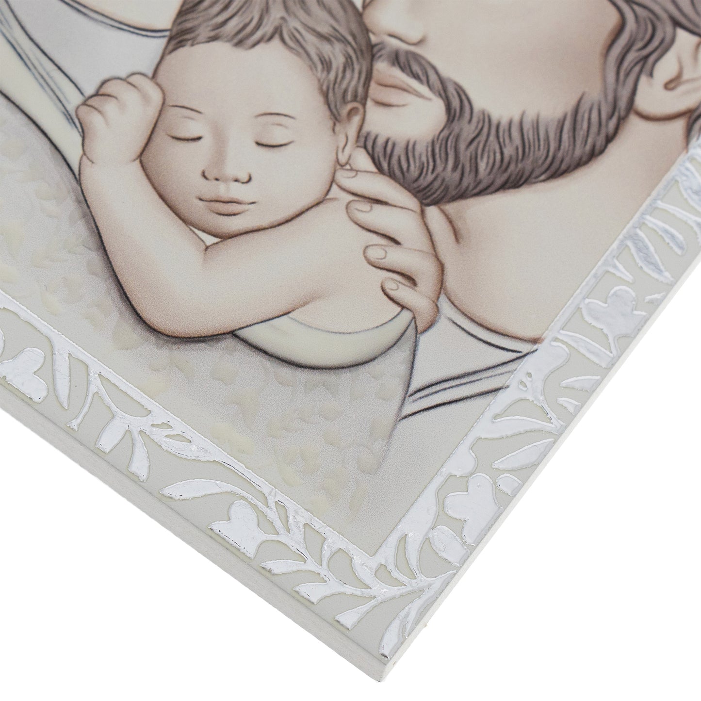 Quadro Sacra Famiglia in legno con cornice in foglia argento. Dimensioni 9x13,5 cm
