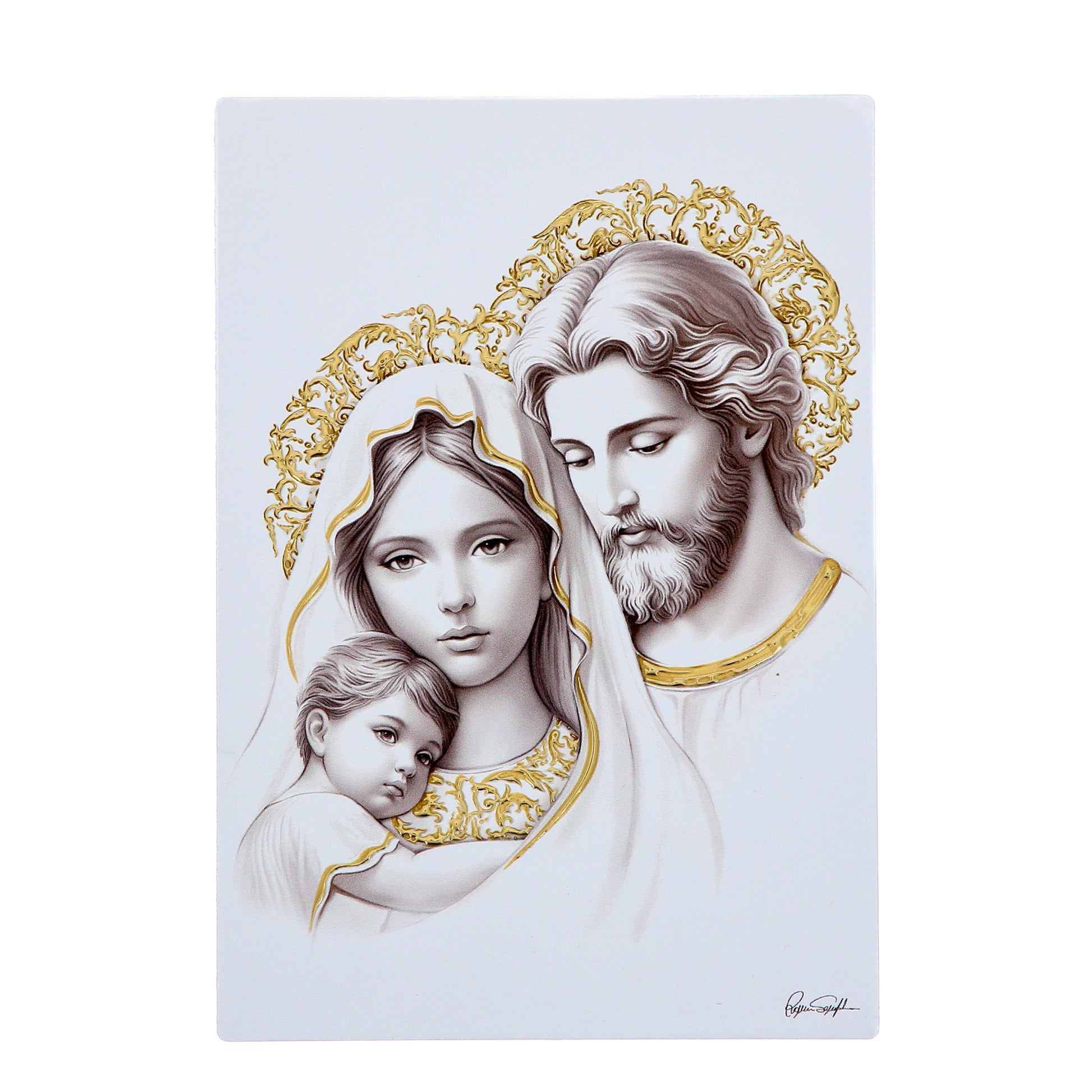 Quadro Sacra Famiglia in legno con dettagli in foglia oro. Dimensioni 10x14 cm