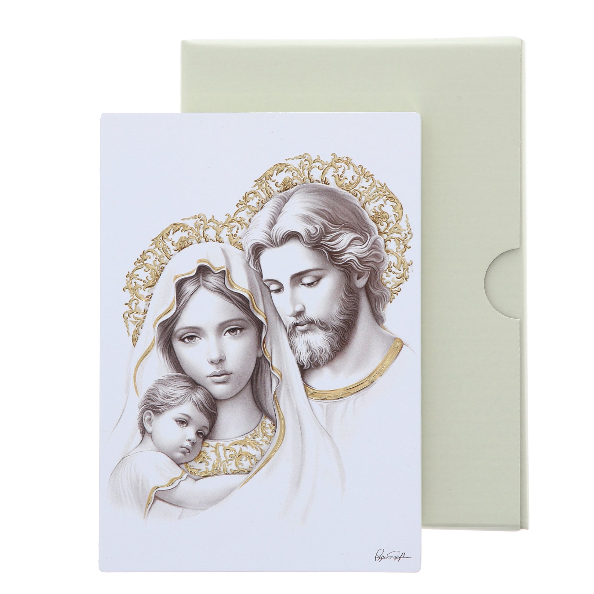 Quadro Sacra Famiglia in legno con dettagli in foglia oro. Dimensioni 10x14 cm