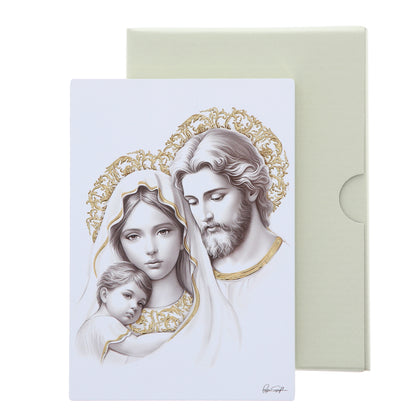 Quadro Sacra Famiglia in legno con dettagli in foglia oro. Dimensioni 10x14 cm