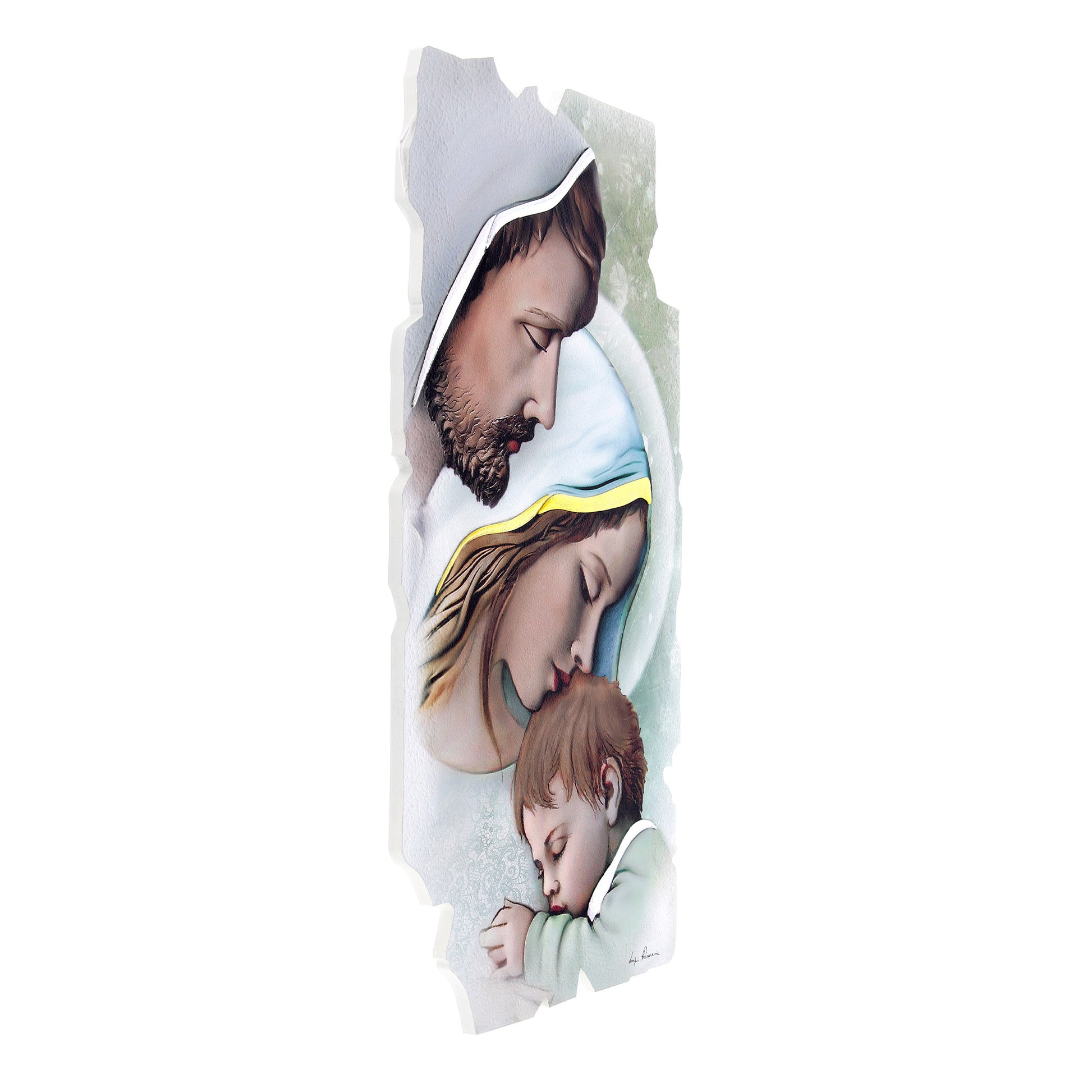 Quadro sagomato Sacra Famiglia con decorazioni in rilievo. Dimensioni cm 28x50 cm