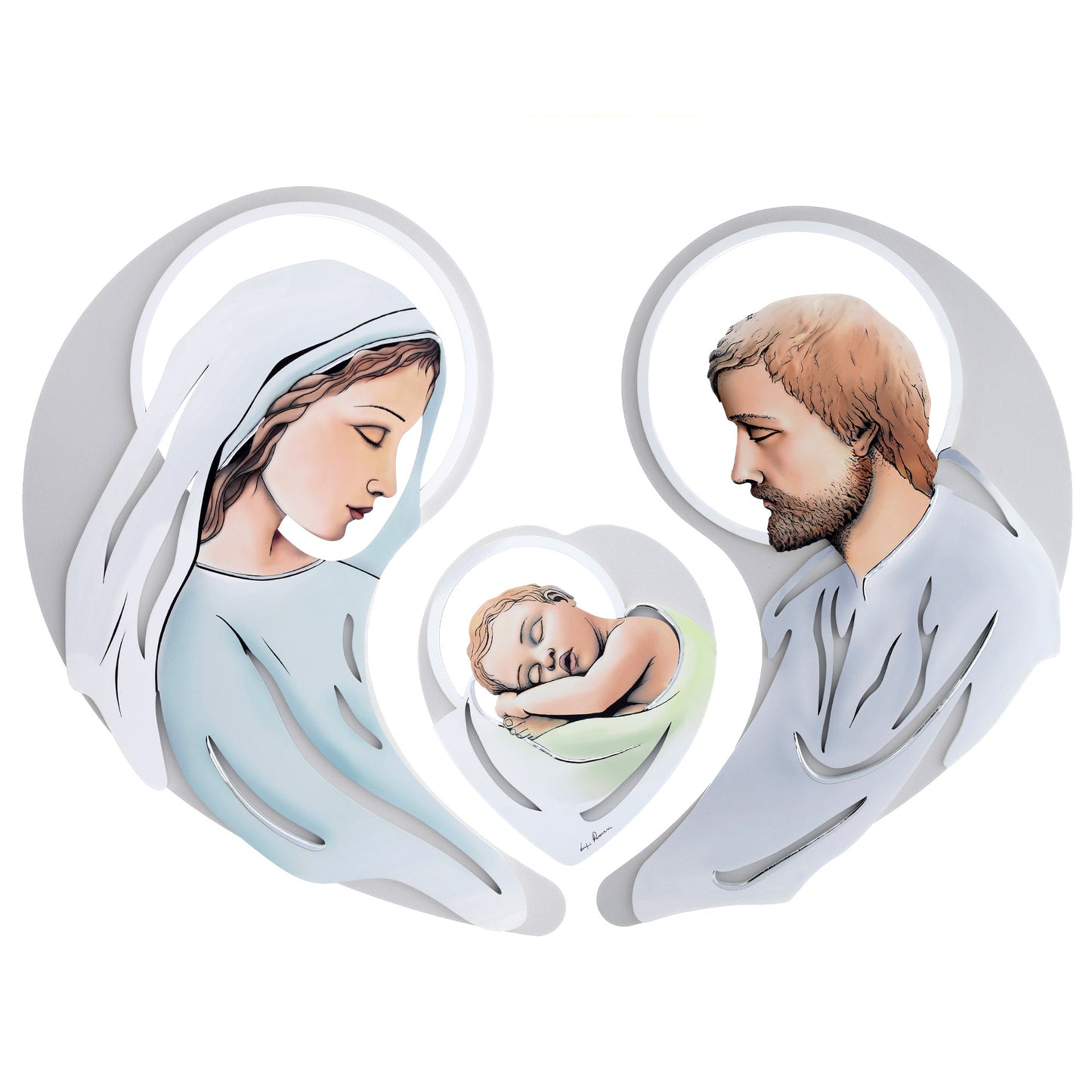 Quadro sagomato Sacra Famiglia con immagine in rilievo e decorazioni argentate. Dimensioni 100x70 cm